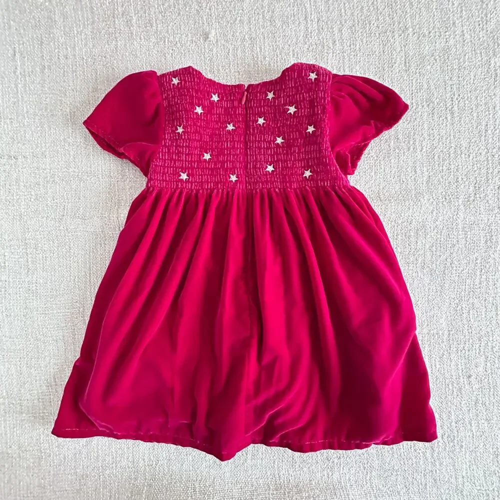 Mini Boden Fuchsia Velvet Star Embroidered Party Dress VGUC 2/3